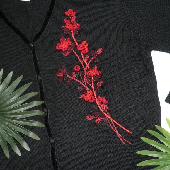 Vintage 90s Black Velvet Trim Wool Cardigan w/ Red Ribbon Floral Accent M - Picture 4 of 9